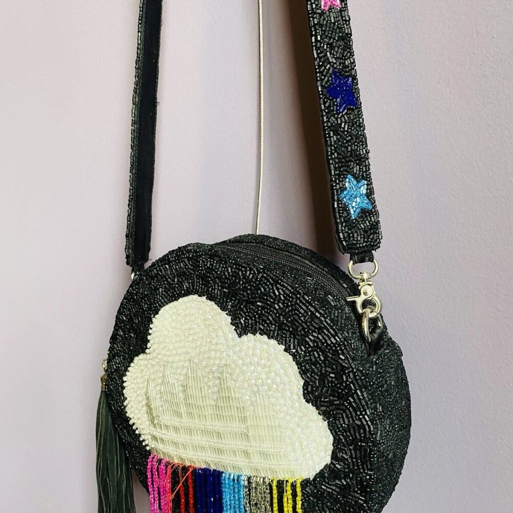 Black Metallic Rainbow Iridescent Cloud Hand Beaded Fringe Shoulder Bag Stars - Picture 2 of 8